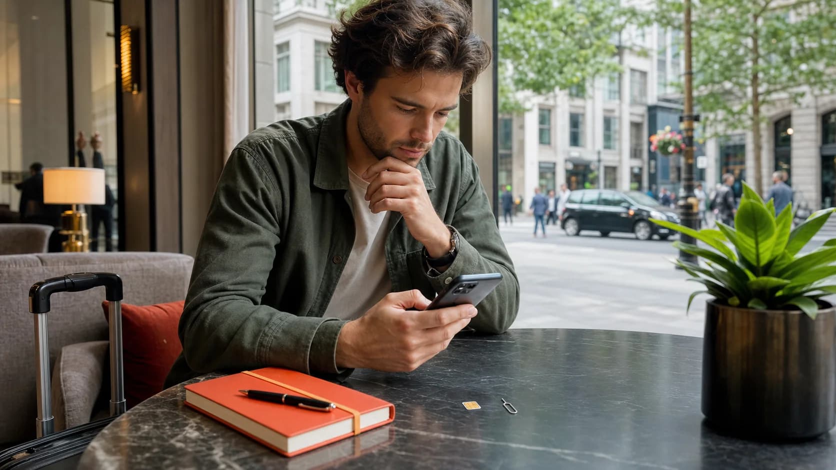 Traveler considering a phone beside a physical SIM and SIM tool after arriving in a city