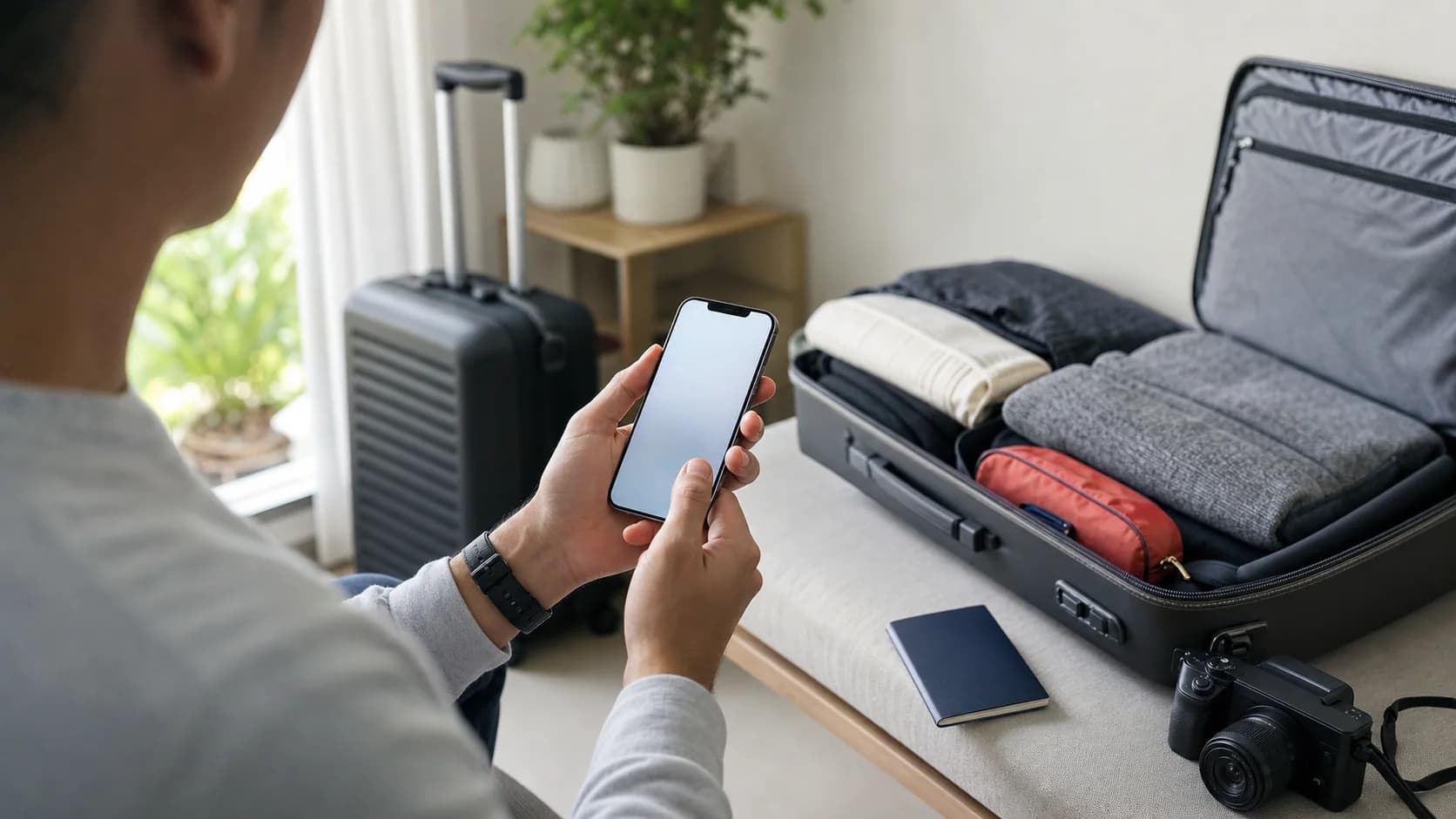 Traveler preparing an eSIM on a phone beside an open packed suitcase