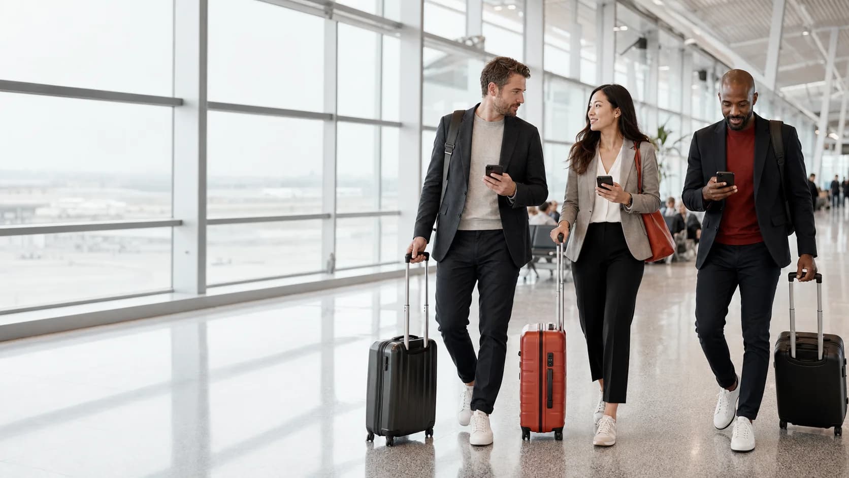 A company travel team using their phones in an airport